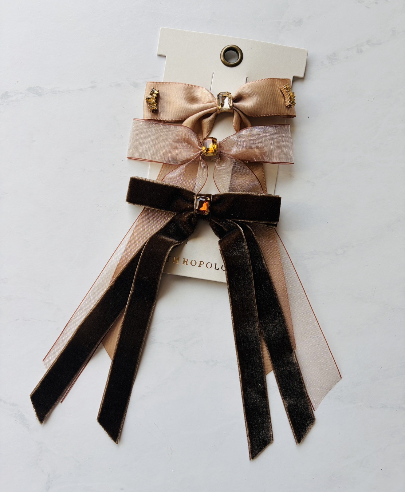NWT Anthropologie Gemstone Bow Hair Clips Set of 3 Brown