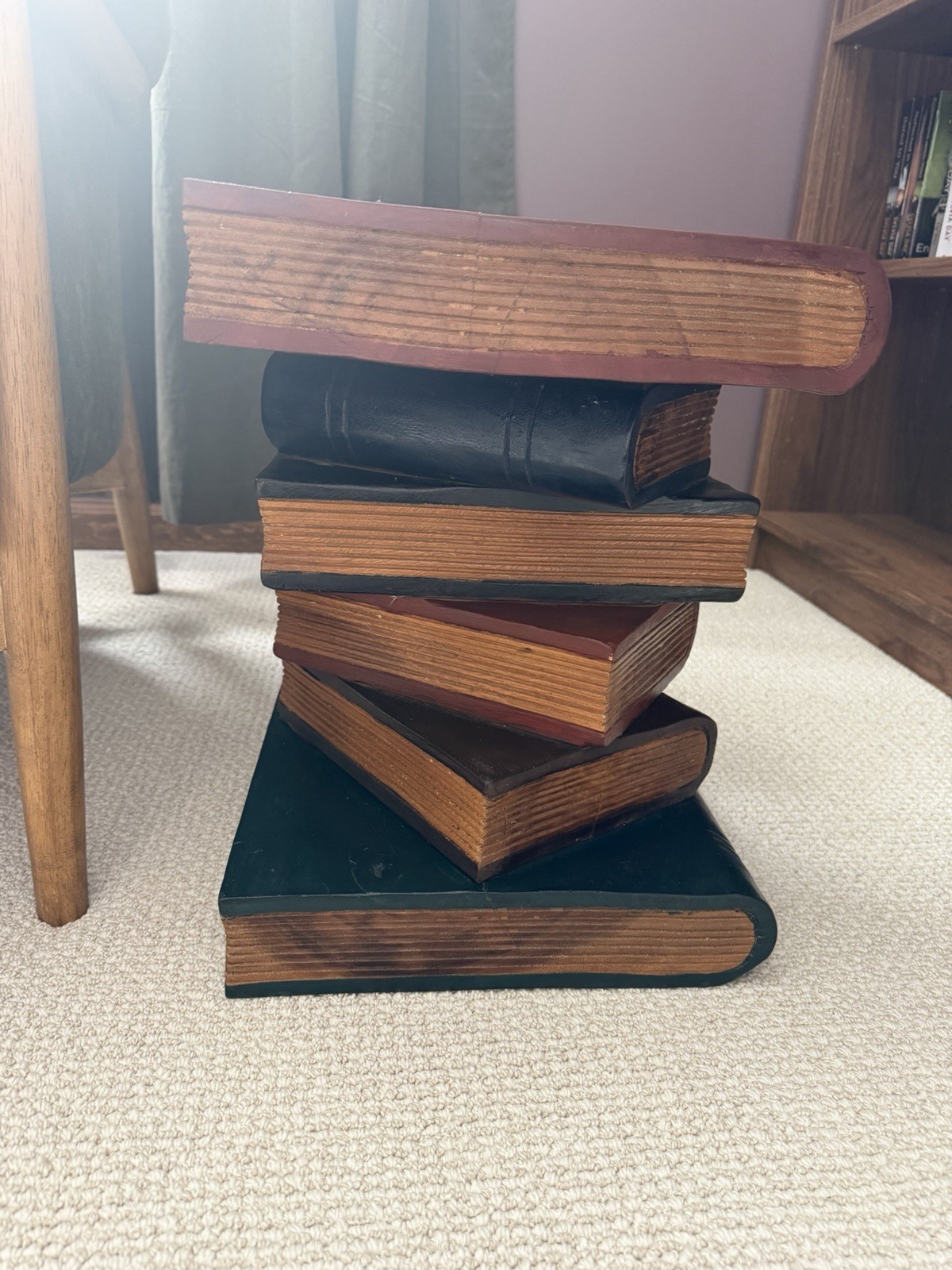 Trompe L’oeil Stacked Book Table Hand Painted Real Walnut 1970s 16x13x12 VTG