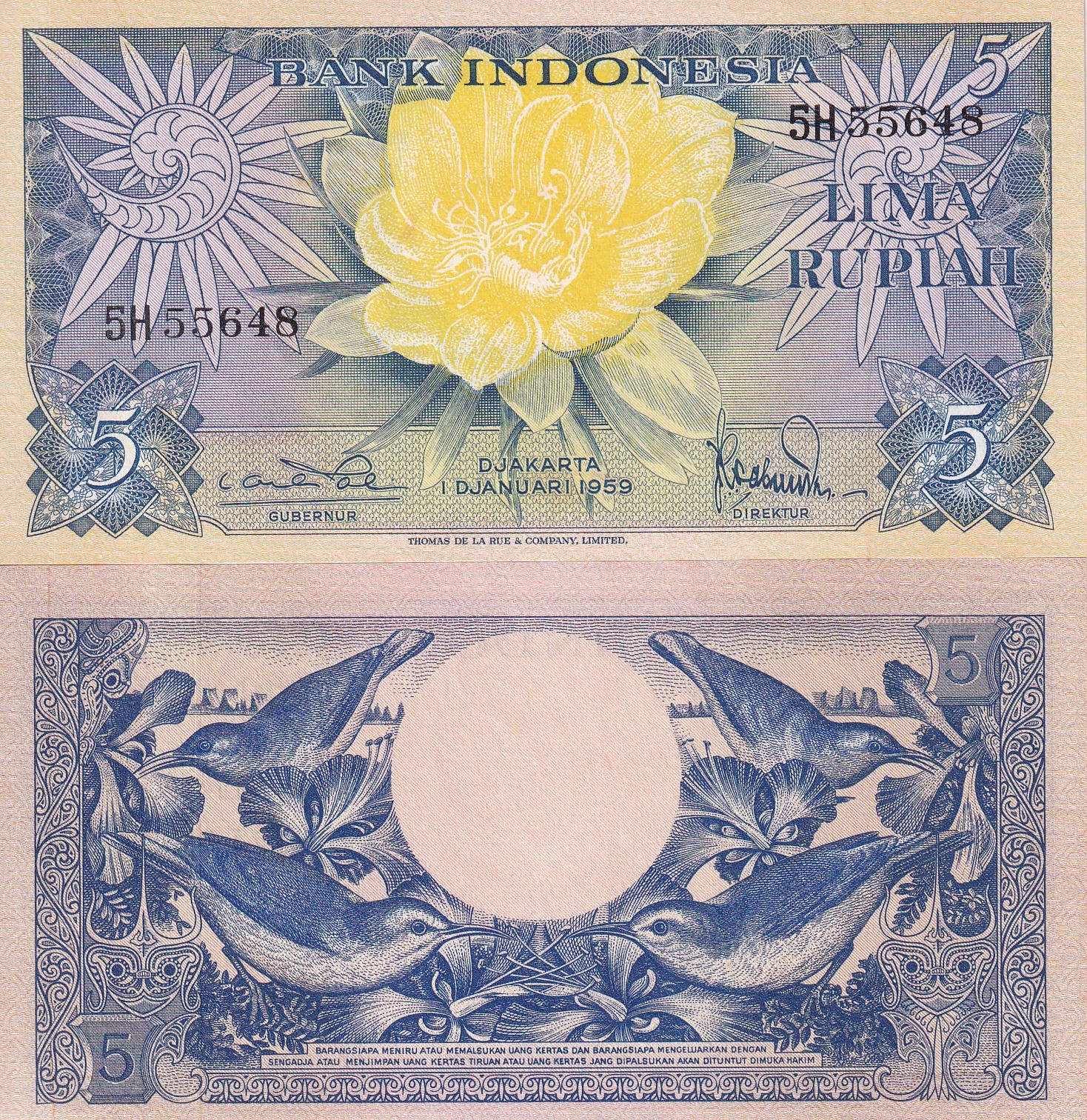 Indonesia 5 Rupiah 1959 P 65 WITH 1 One LETTER PREFIX UNC