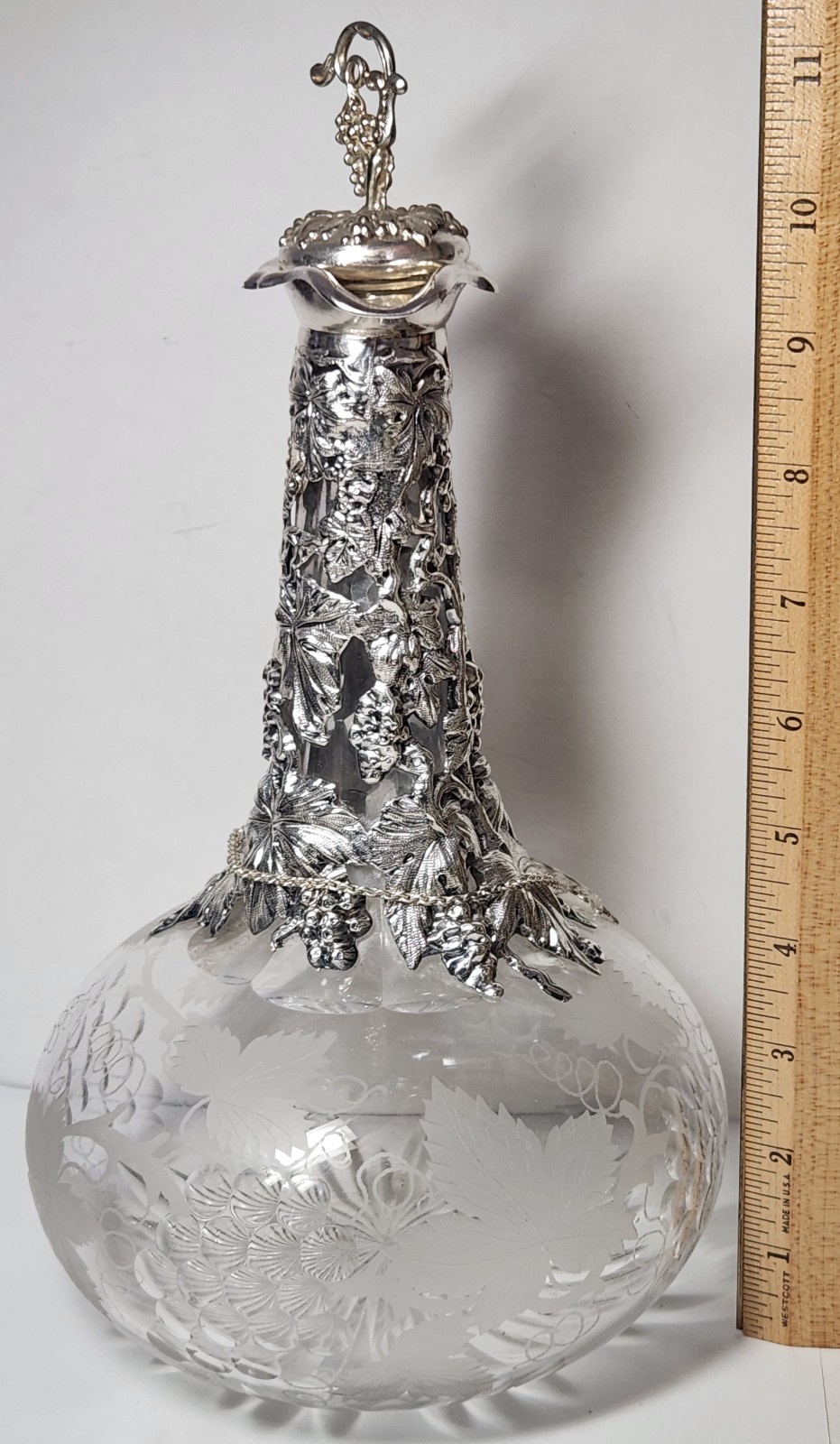 Ornate Antique Port Decanter, Silverplate Mounts, Etched Glass Bottle, Tag