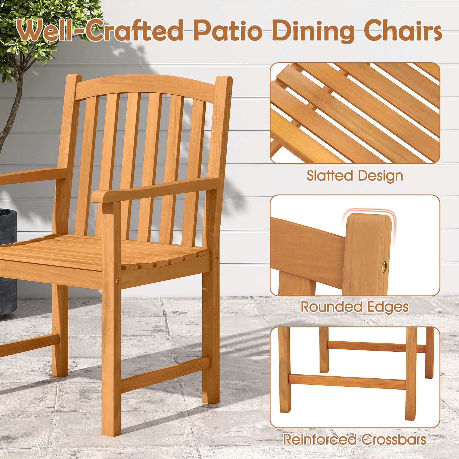 2PCS Outdoor Dining Chairs Acacia Wood Slatted Patio Chairs w/ Inclined Backrest
