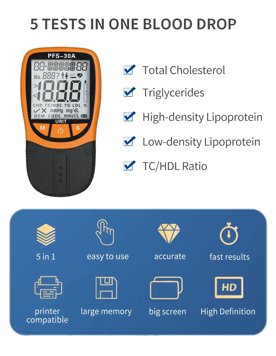 URIT 5 In1 Blood Lipid Tester Analyzer Cholesterol Triglycerid With 20pcs Strips