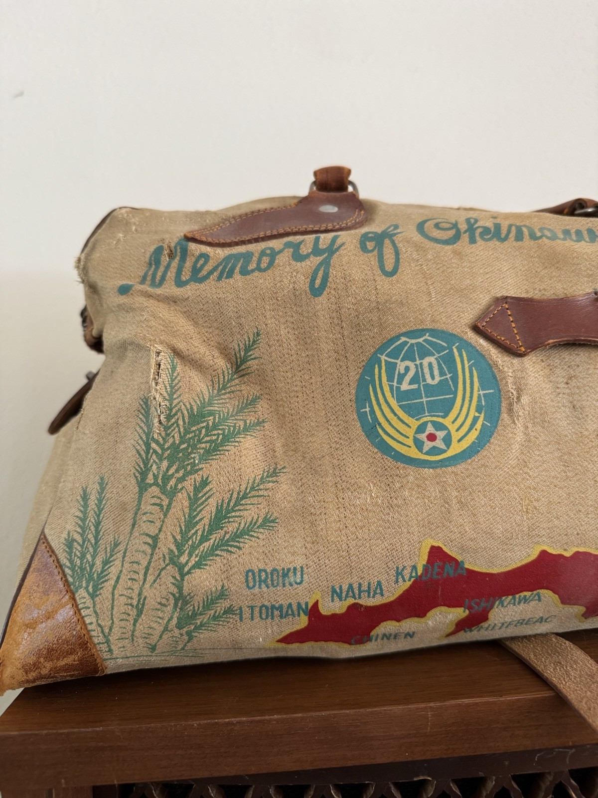 1950s Vtg Korean War Hand Painted Okinawa & Korea UN Forces Souvenir Duffel Bag