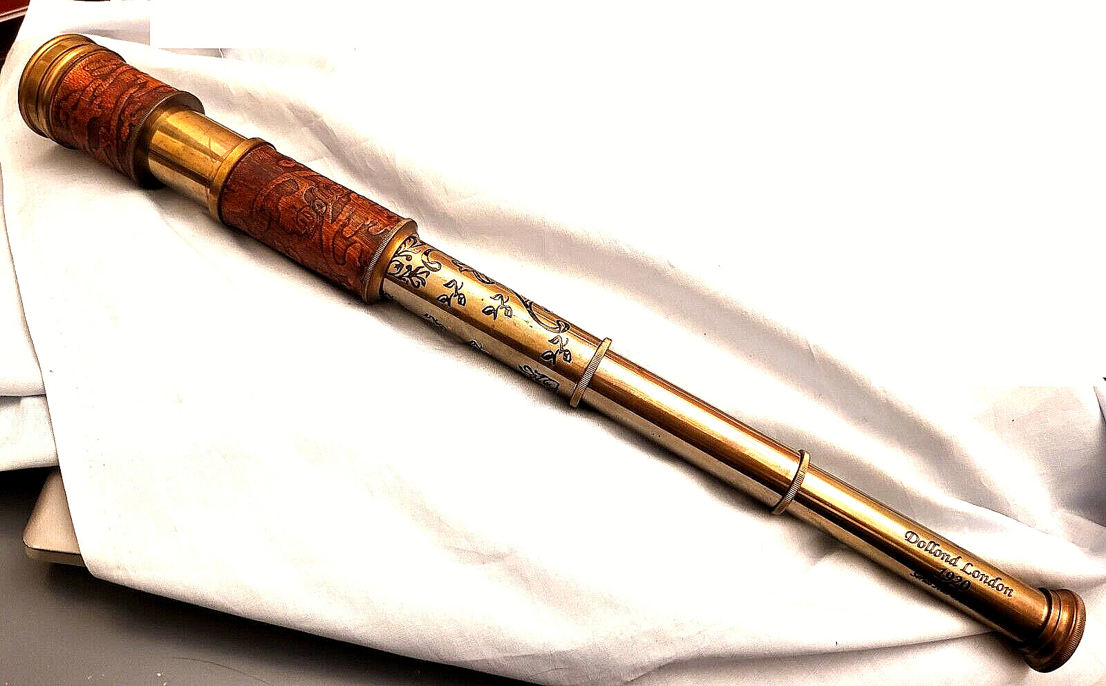 Vintage Telescope Antique Astronomy Space Stars Old Gold Lustre Wooden Box Retro