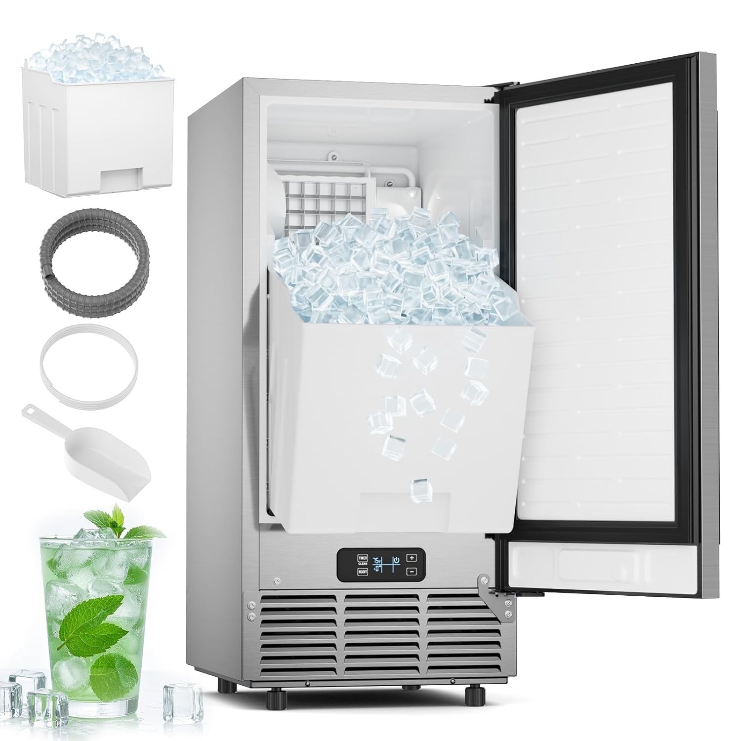 Commercial Under Counter Ice Maker Machine 85Lbs/Day Ice Maker 33lbs Ice Storage