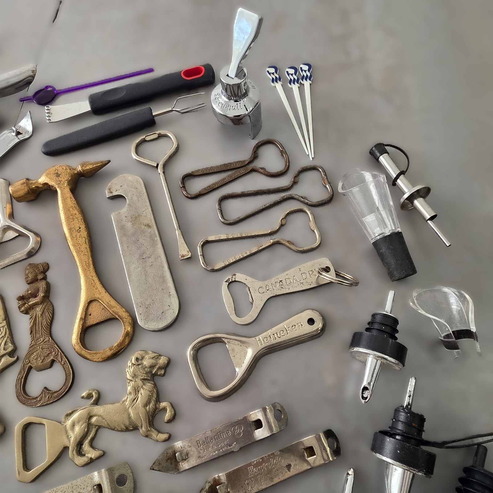 58 pc Lot of Vintage Bottle Openers, Picks, Barware, Bronze, Brass, Chrome, etc.