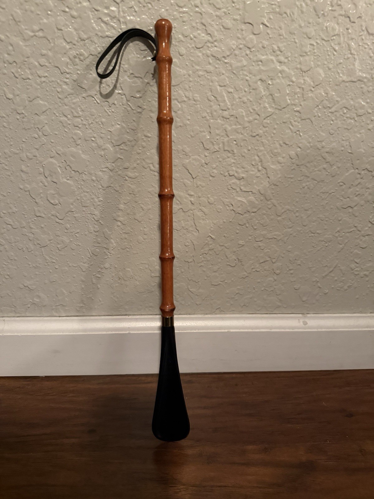 Vintage Bamboo Shoe Horn with Wooden Grip and Leather Strap, 16.5 Inch