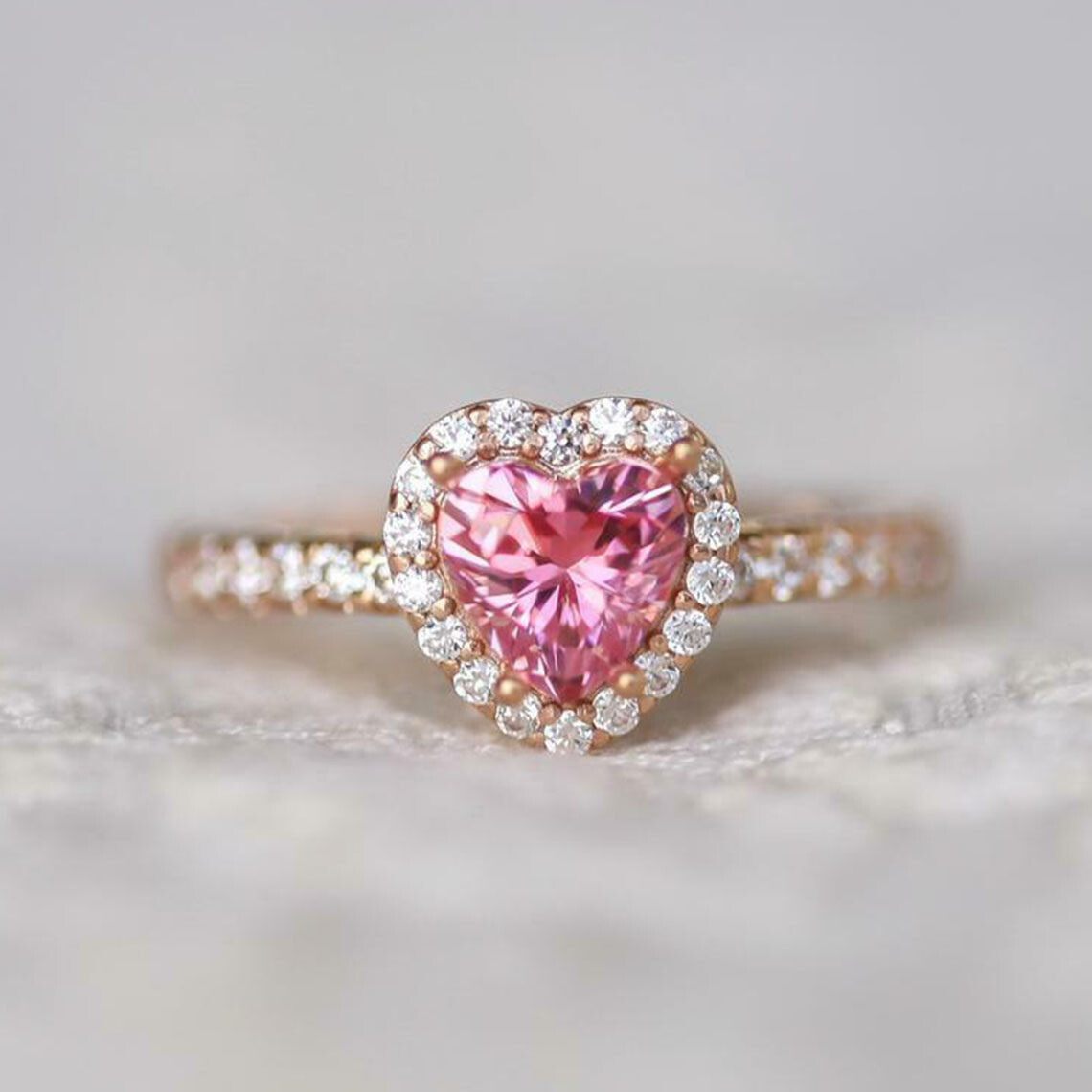 2 Ct Heart Cut Pink Lab Created Diamond Wedding Halo Ring 14K Rose Gold Finish