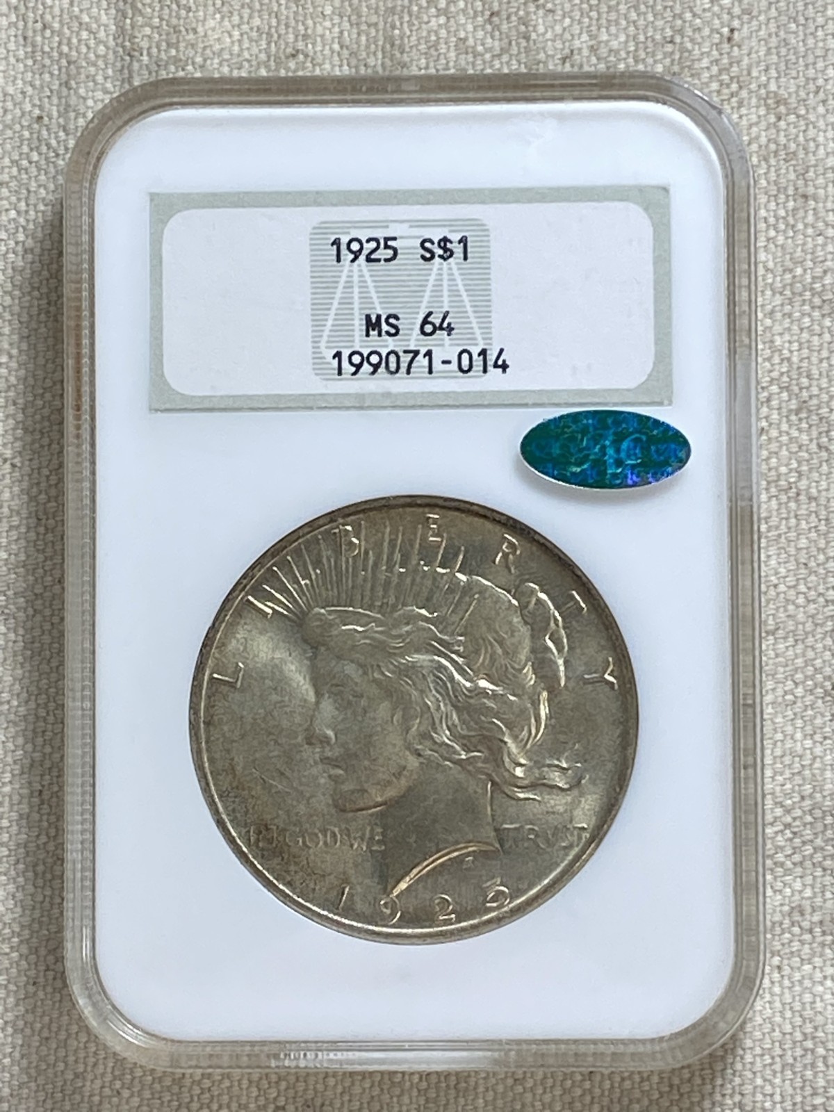 1925 Peace Dollar NGC MS 64 CAC No Barcode Fatty Nearly Full Holo Sticker