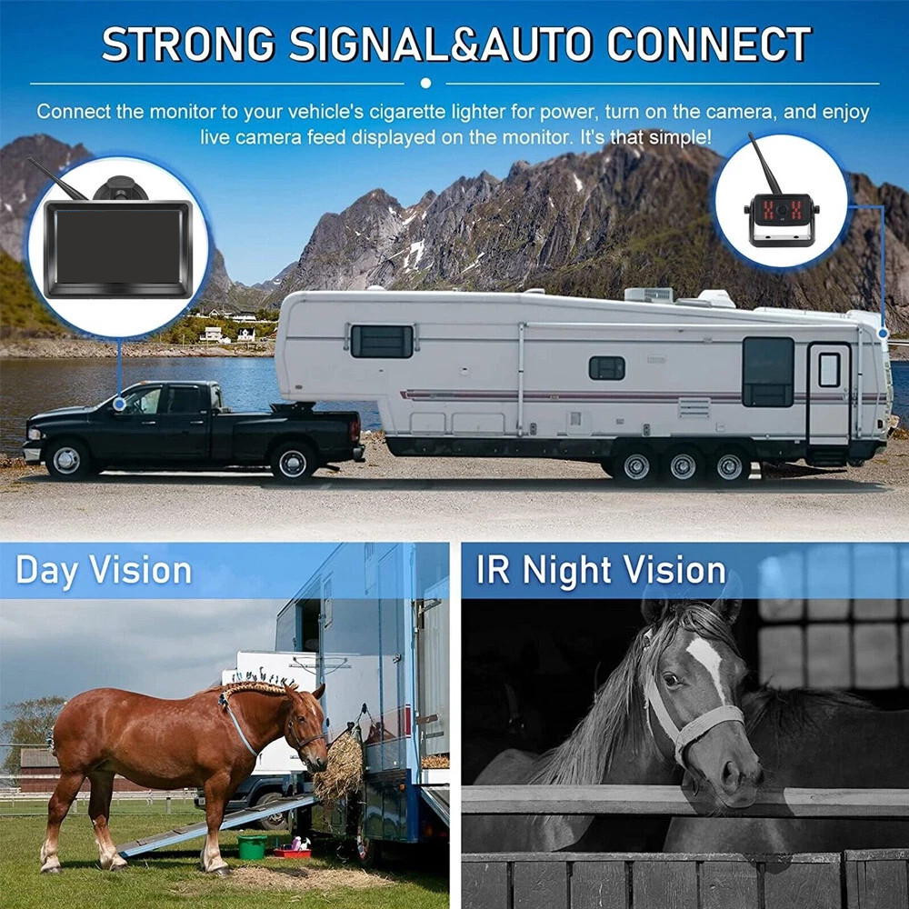 Magnetic Solar Wireless 1080P Backup Camera 5'' DVR Monitor For RV Trailer SUV