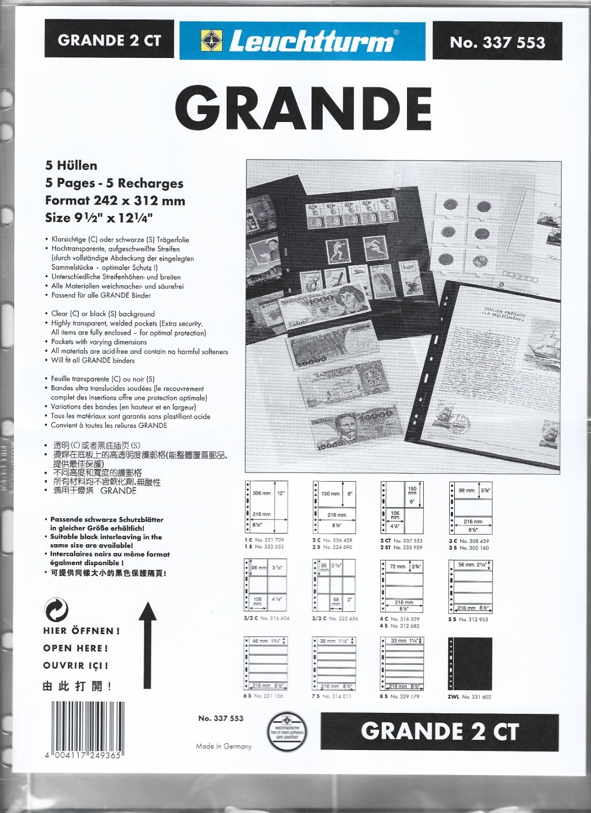 GRANDE Stock Sheets 9-1/2" x 12-1/4" 2CT One-Sided 4-Pocket Clear 337553 Pkg. 5