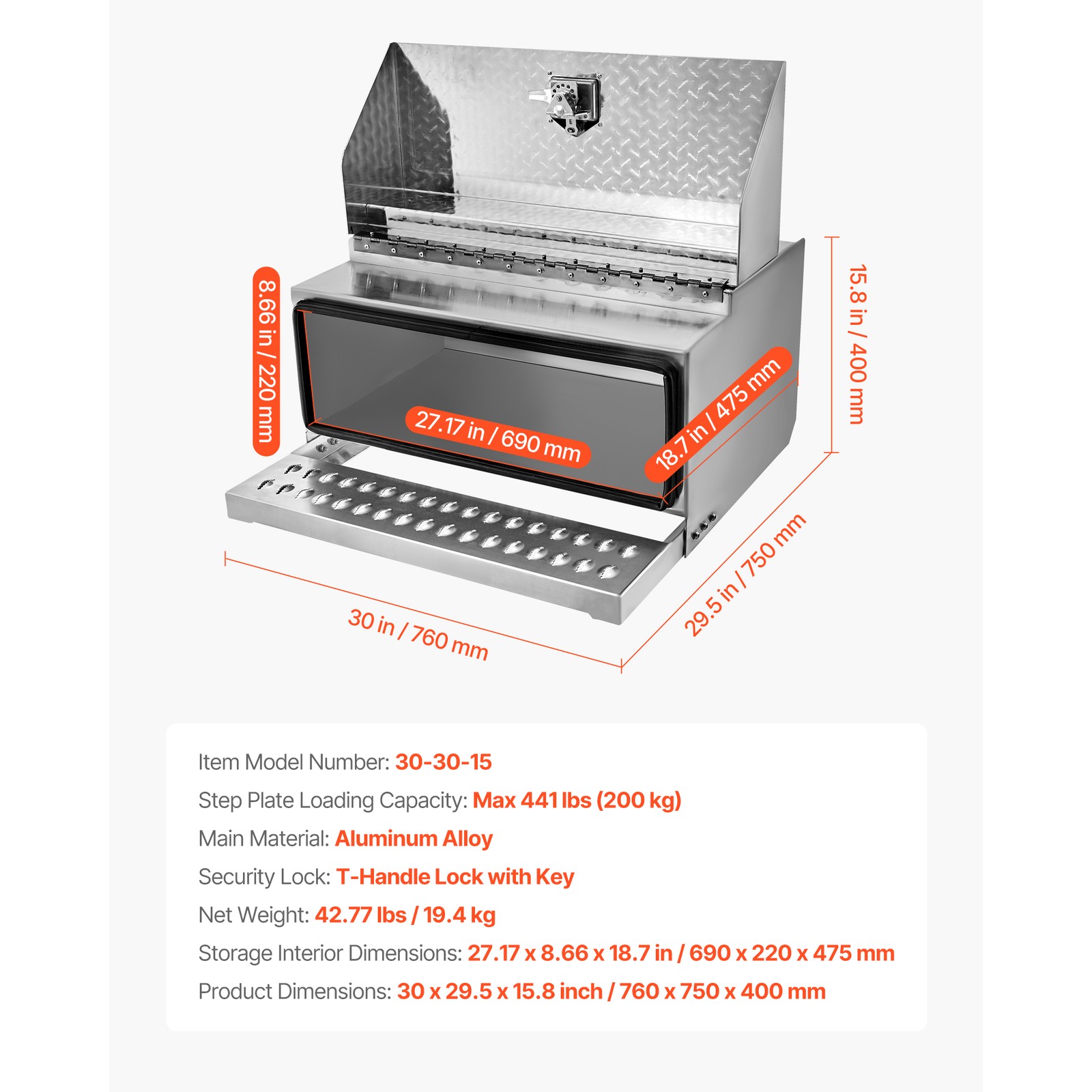Uimoso Semi-Truck Aluminum Step Tool Box 30" x 29.5" x 15.8" for Heavy-Duty Use