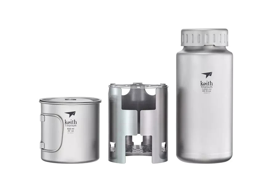 Keith Titanium Ti3070 Nesting Camp Set - Plastic-Free Bottle, Mug & Wood Stove