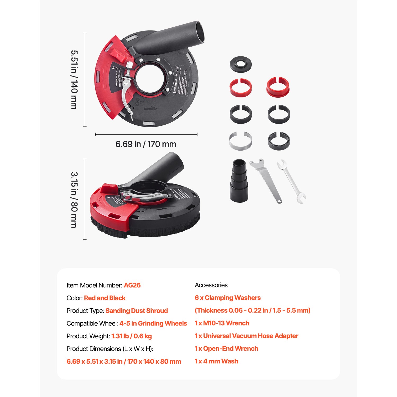 Angle Grinder Dust Shroud 4-5 in with 6 Clamping Washers Connect to Vacuum