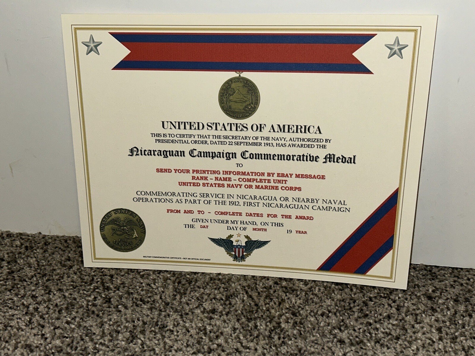 NICARAGUAN CAMPAIGN (NAVY) COMMEMORATIVE MEDAL CERTIFICATE ~ W/PRINTING TYPE-1