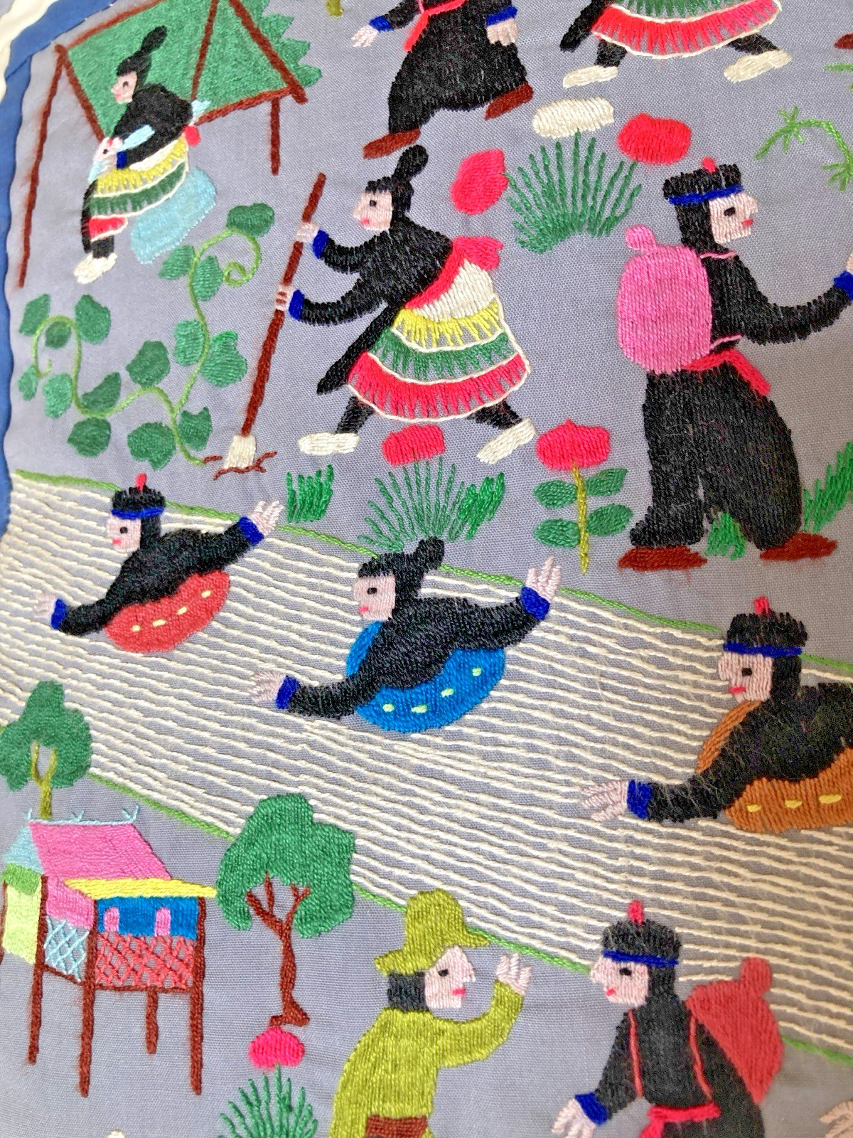 Hmong Story Pillow Throw Tapestry Embroidered Patchwork Textile Zip Close Blues