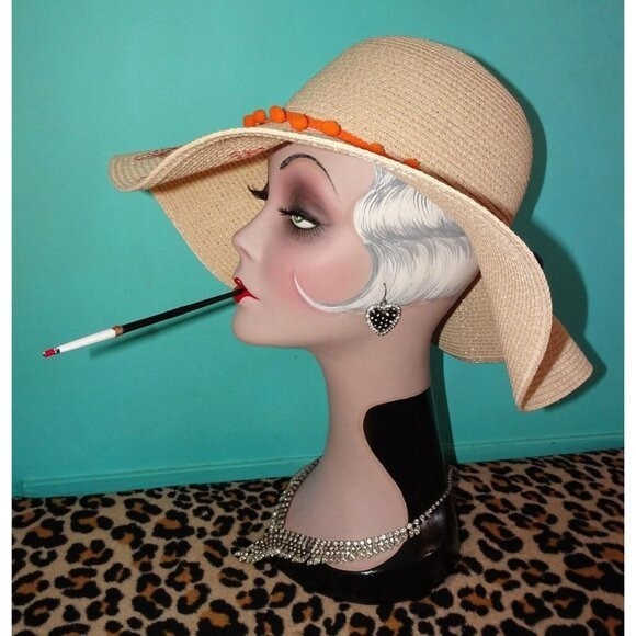 Vintage Feelin' Beachy Ivory Woven Sun Hat with orange pom pom fringe pinup