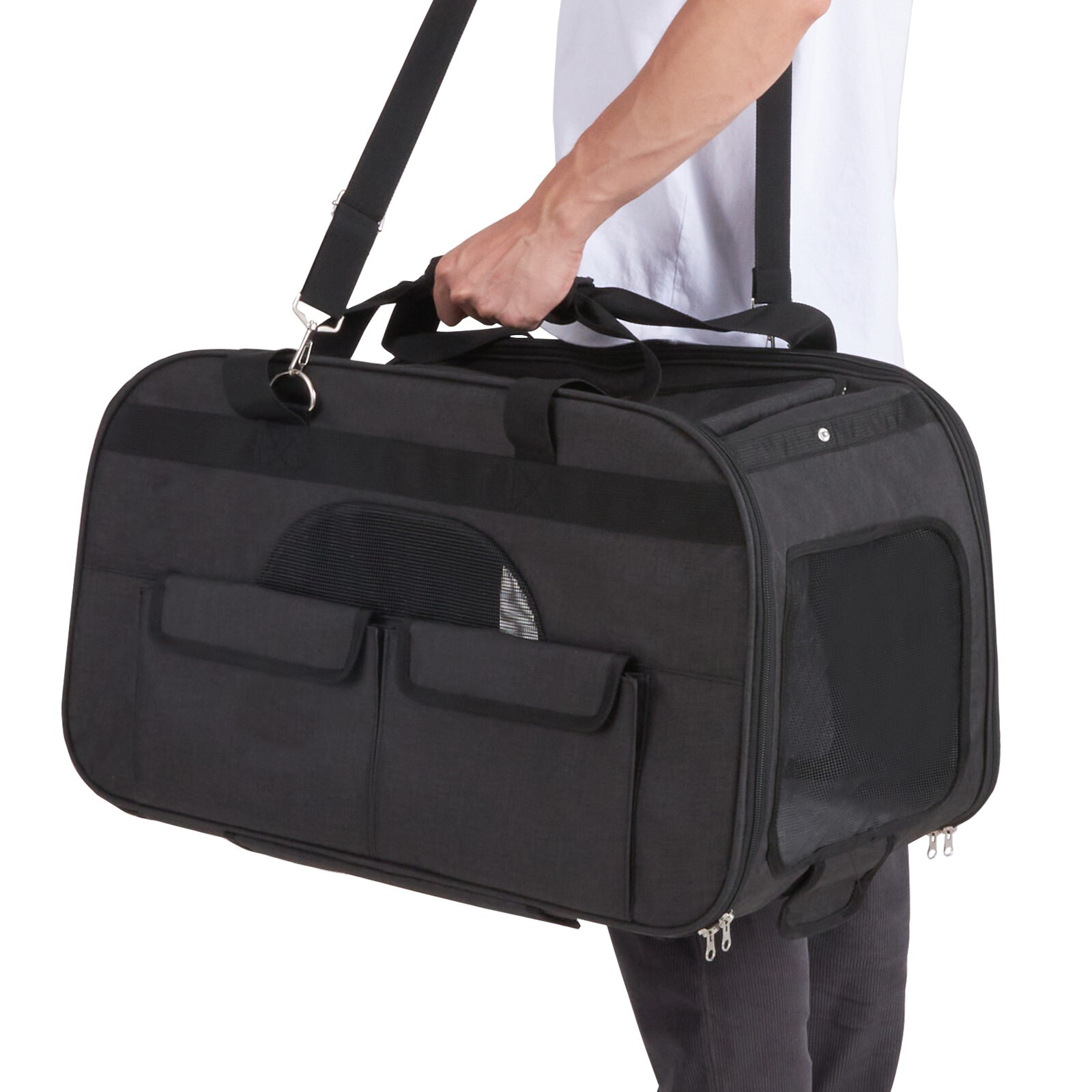 Cat Carrier with Wheels Rolling Pet Carrier with Handle 35 lbs Black