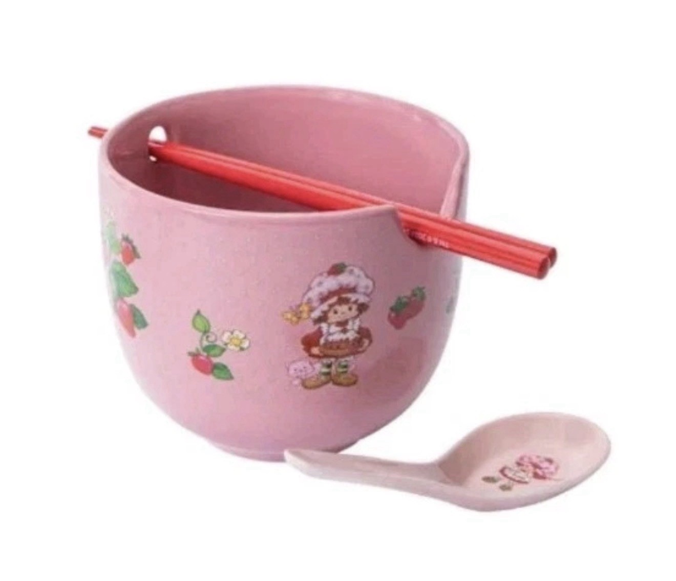 Strawberry Shortcake Pink Ramen Bowl 3piece Set Chopsticks & Spoon 🍓 New In Box