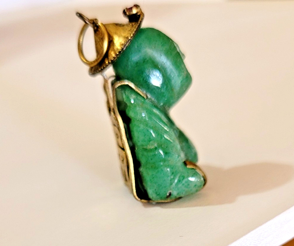 14K Yellow Gold Jade Ruby Buddha Pendant Vintage 1" Tall