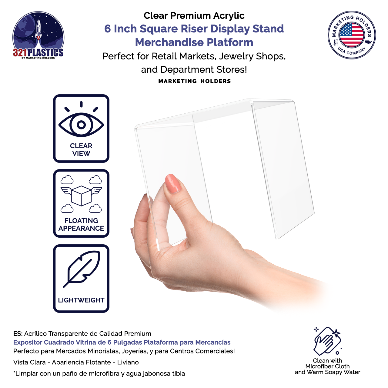 6" Square Riser Display Showcase Stand Acrylic Product Platform 3 Sided Riser