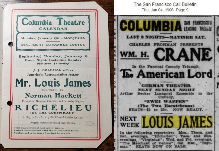 2226----1906 Columbia Theatre programs San Francisco destroyed by earthquake