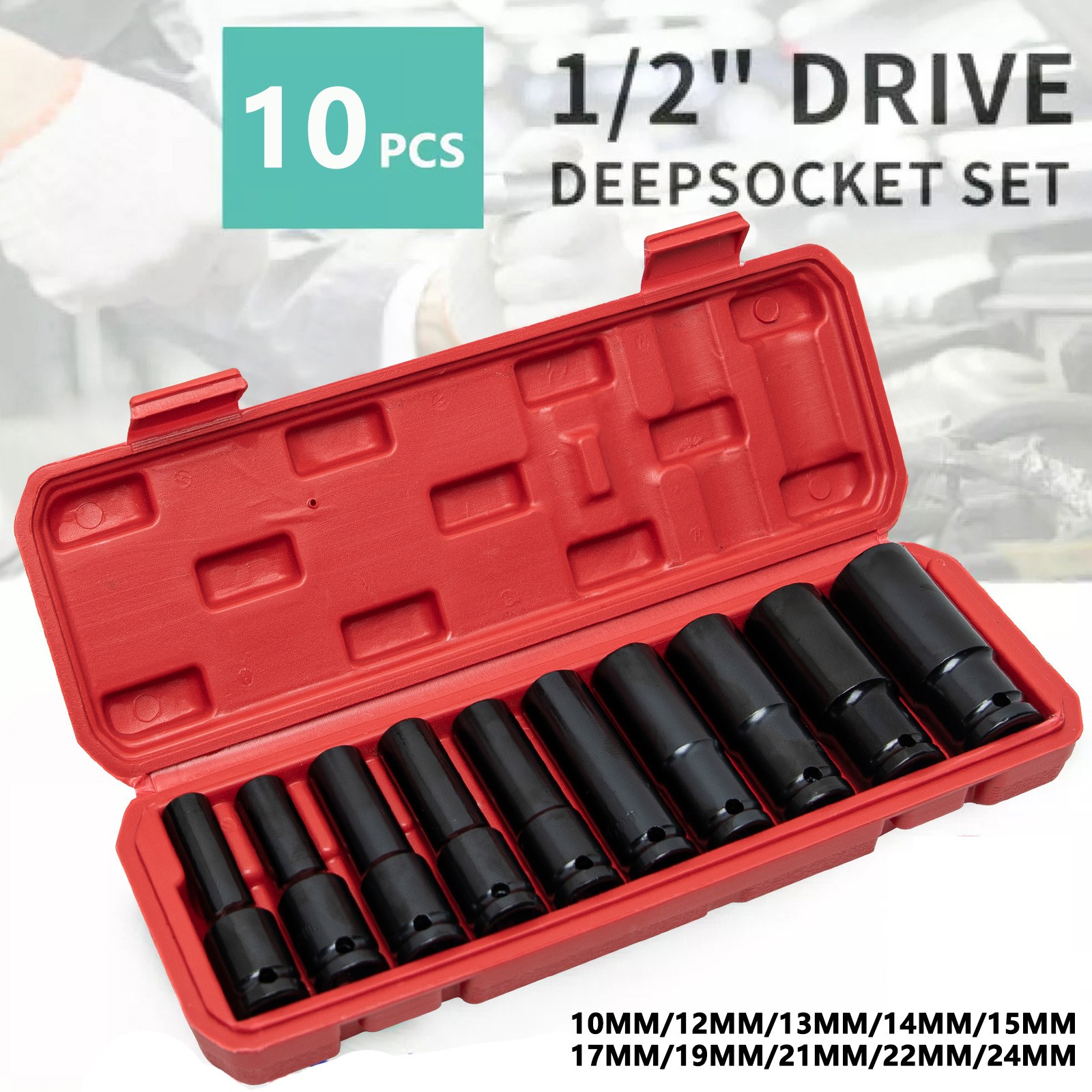 10pcs Metric Deep Impact Socket 1/2" Drive 10mm-24mm 6 Point Sockets w/ Case Set