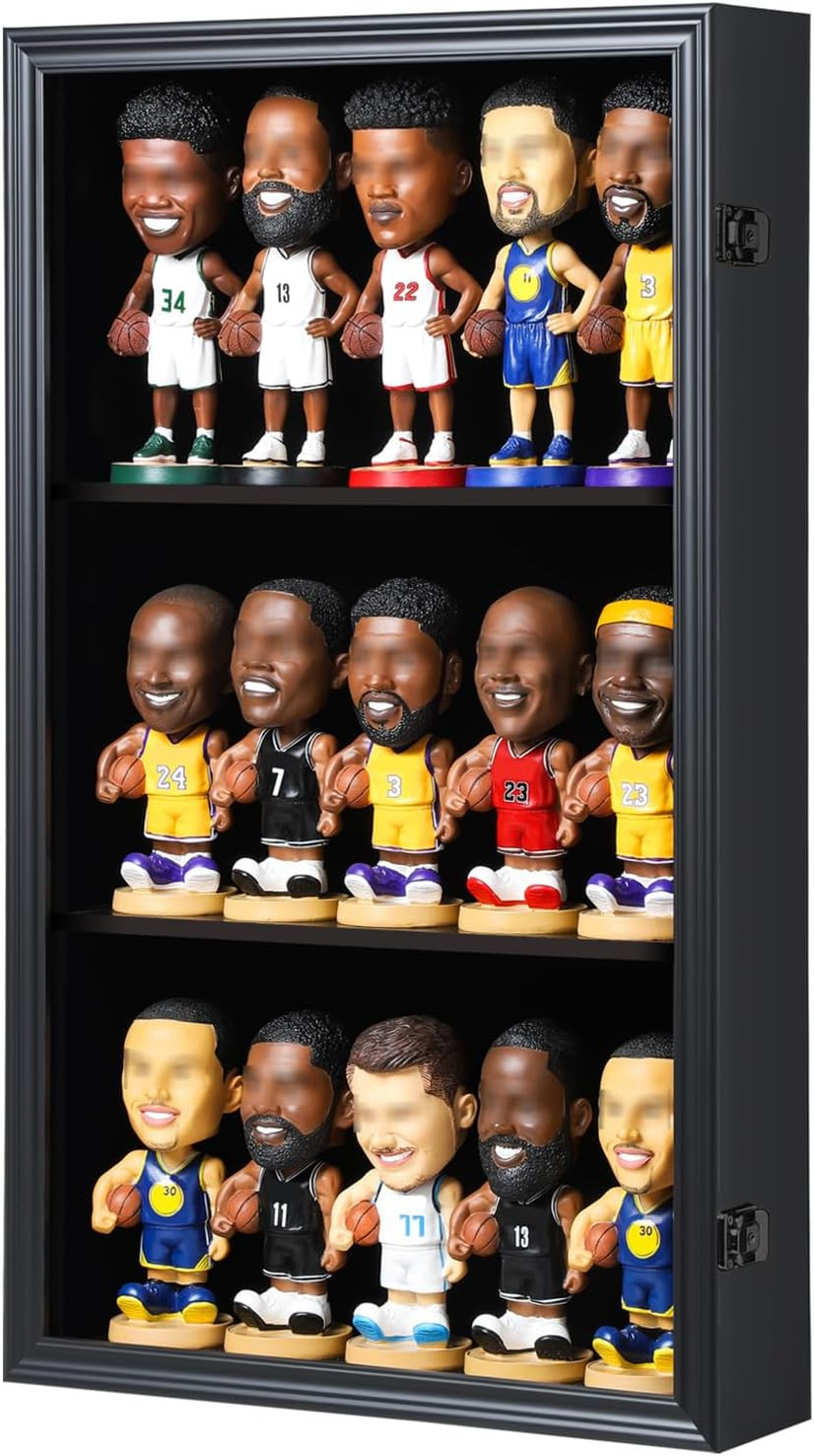 Bobblehead Display Case 15 Pcs Action Figure Black Wall Wood Cabinet Shadow Box