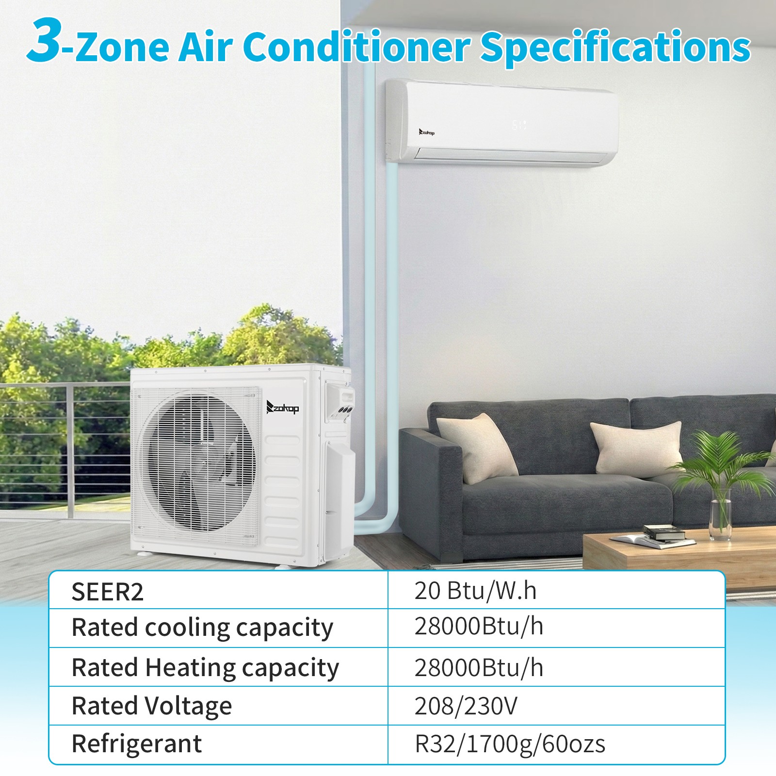 28000 BTU Tri 3 Zone Ductless Mini Split Air Conditioner & Heat Pump -20 SEER2