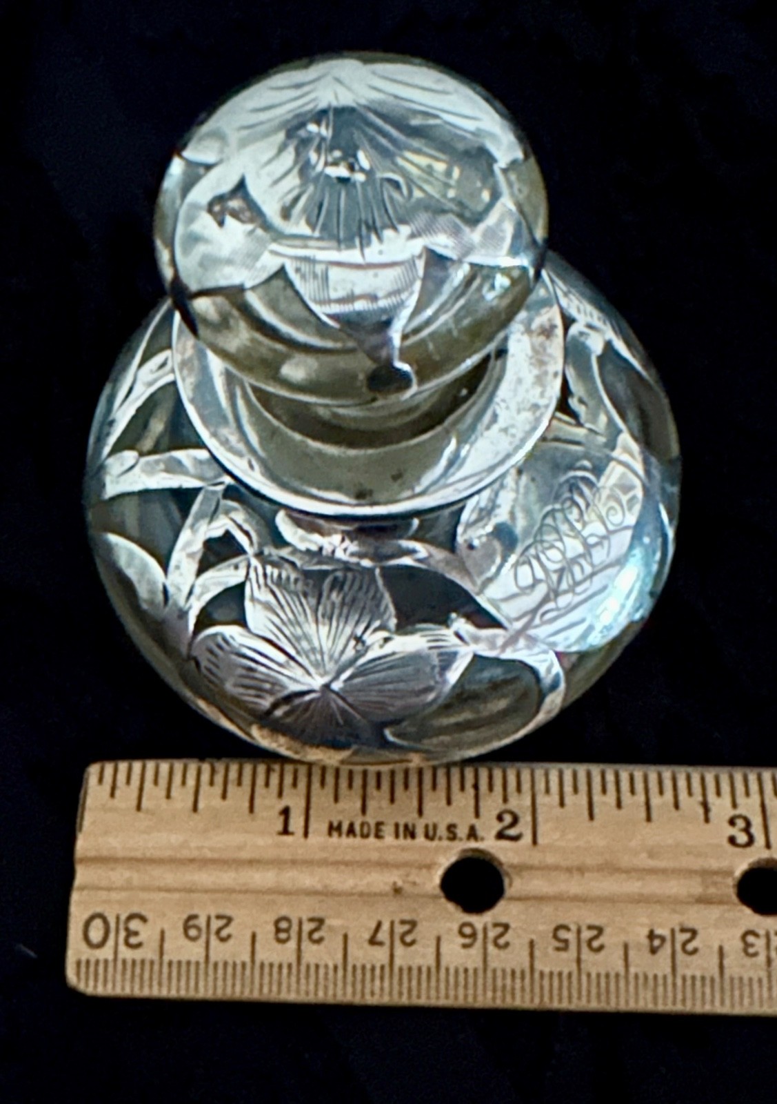 Antique Art Nouveau Sterling Silver Overlay Clear Glass Scent/Perfume Bottle