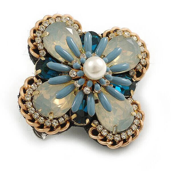Vintage Inspired Crystal Pearl Rhinestone Flower Shape Cross Brooch