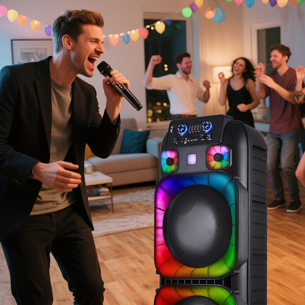 Portable Bluetooth Party Speaker PA System with Dual 15'' Subwoofer 2 Microphone