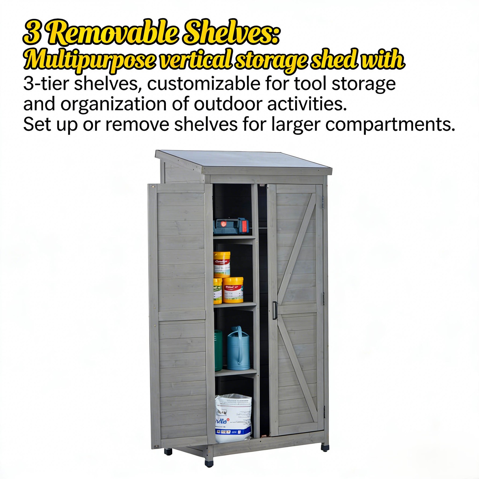 Outdoor Wooden Storage Shed W Metal Top Tall Vertical Tool Cabinet