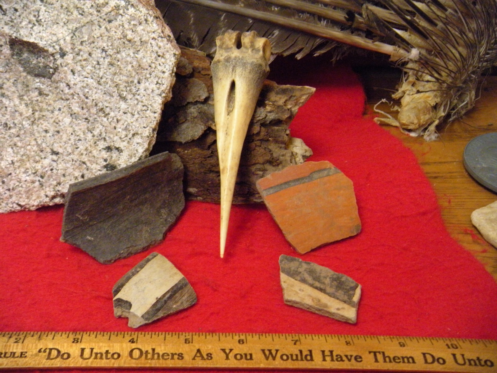 5.23" BONE AWL – CHICAGO ILL ESTATE - FOUR PIECES POTTERY - FOUR ARTIFICTS