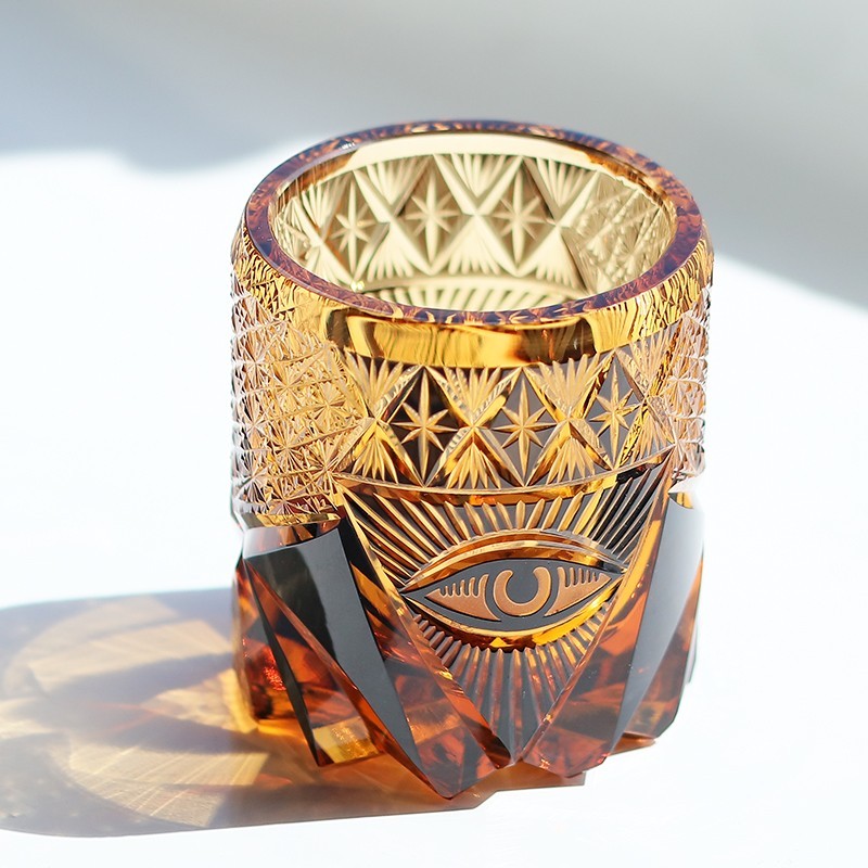 High-end Hand Carved Eye Pattern Edo Kiriko Glass Whisky Glass Amber Color