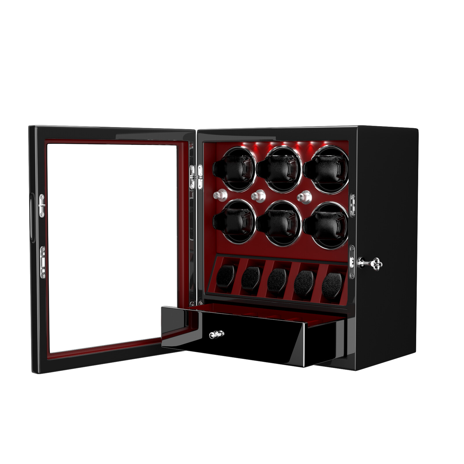DUKWIN Automatic 6 Watch Winder with 5 Watches Display Storage Case Box LED Red