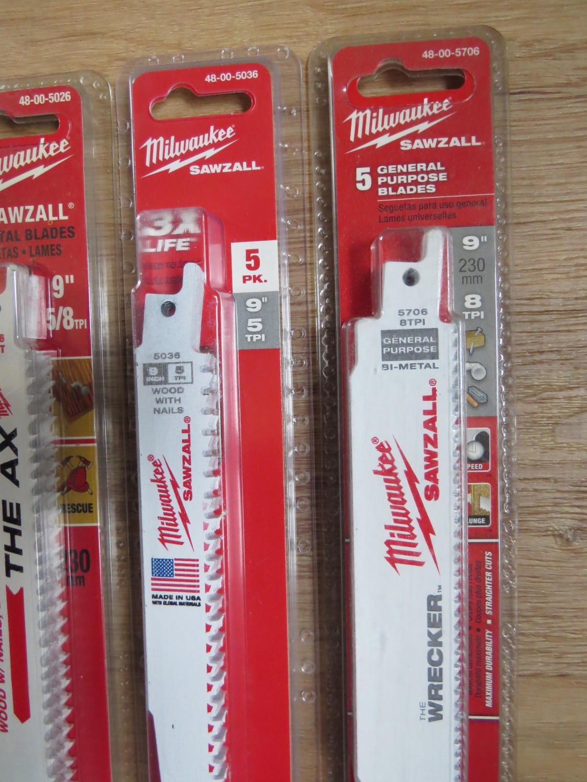 Lot of 4 Milwaukee Sawzall 9" blade 5 packs, #5036, #5706, #5026, & #5788