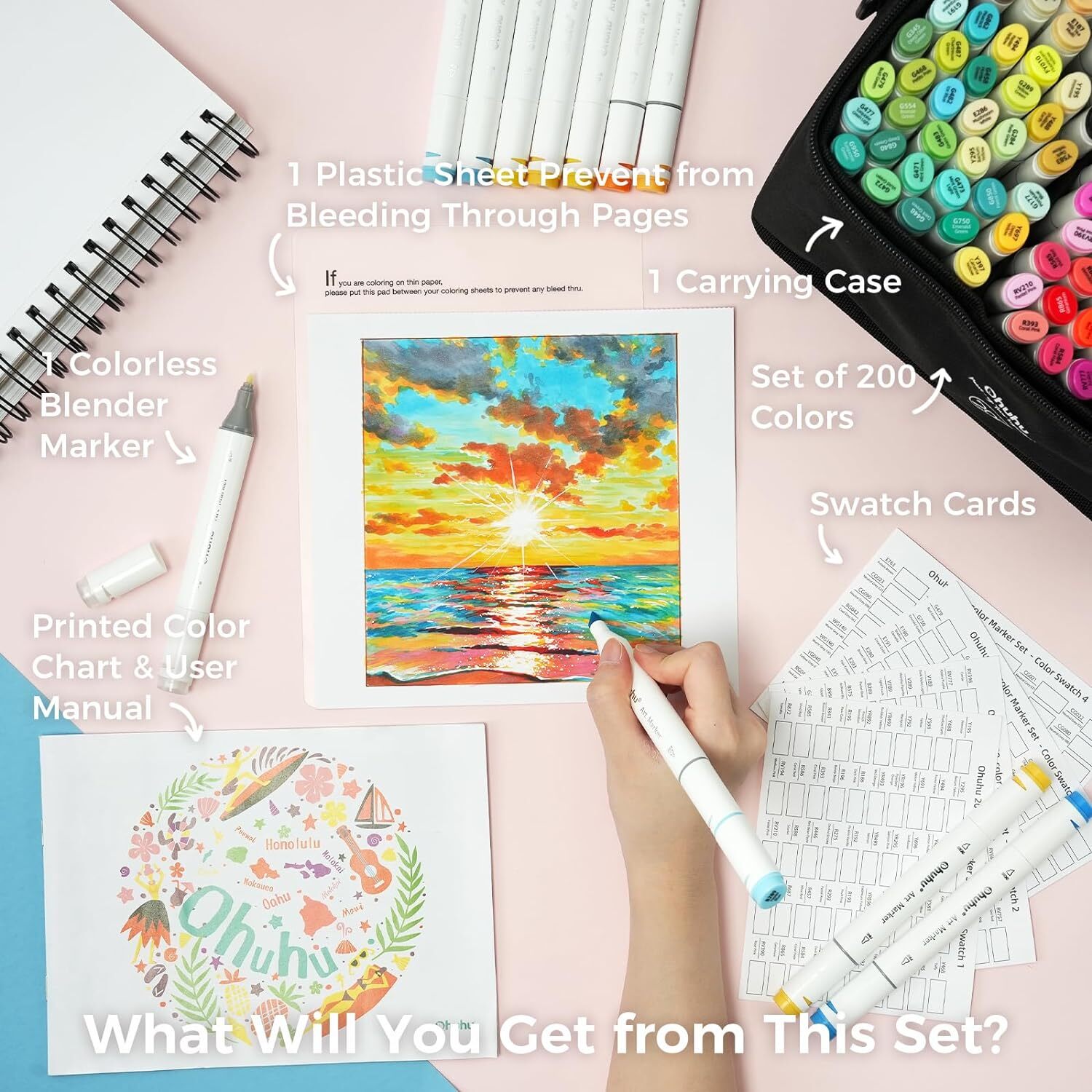 Ohuhu Alcohol Markers 200 Colors - Chisel & Fine Dual Tip Art Drawing Marker Set