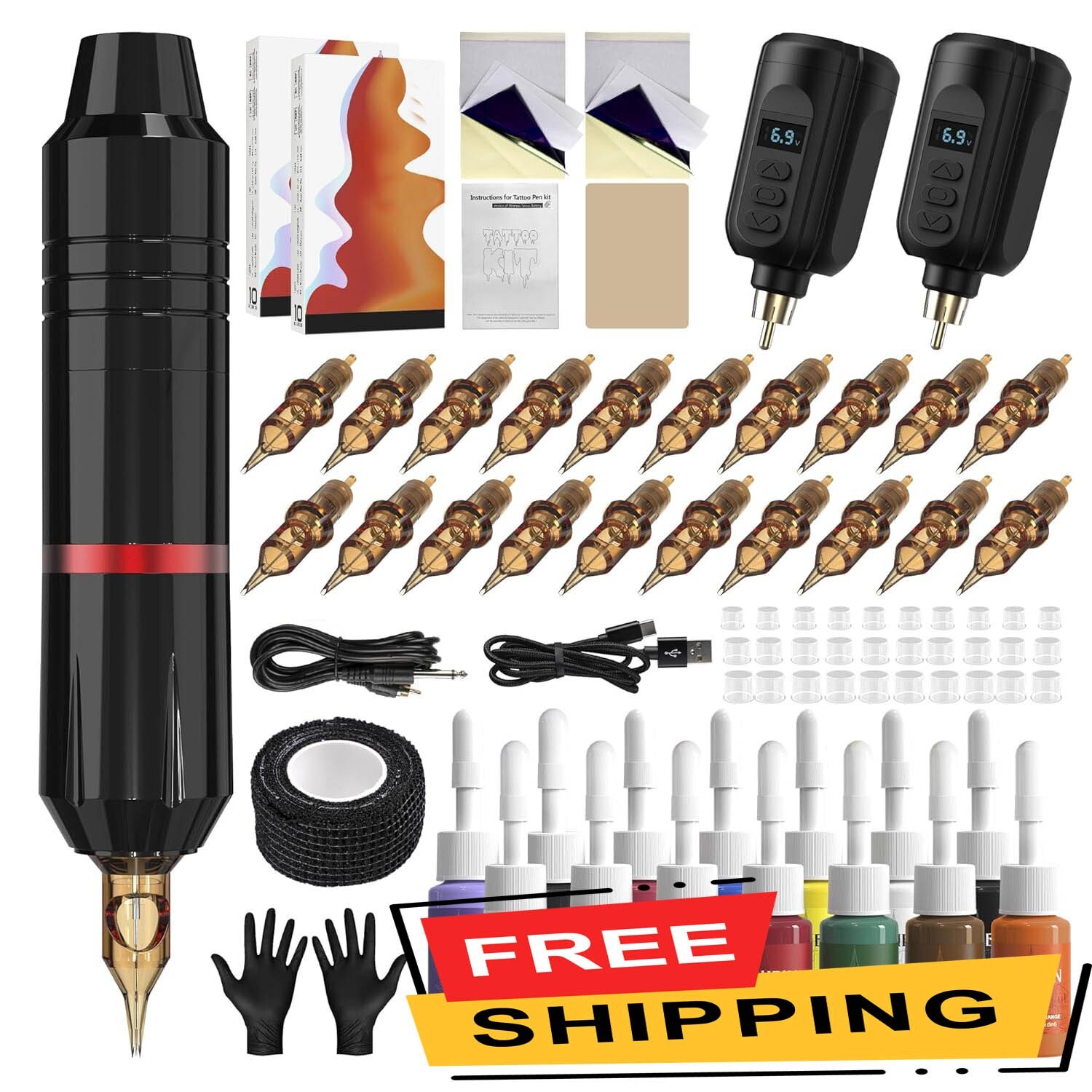 Kit de tatuaje: Máquina de tatuaje inalámbrica completa, 2 baterías, 20 agujas