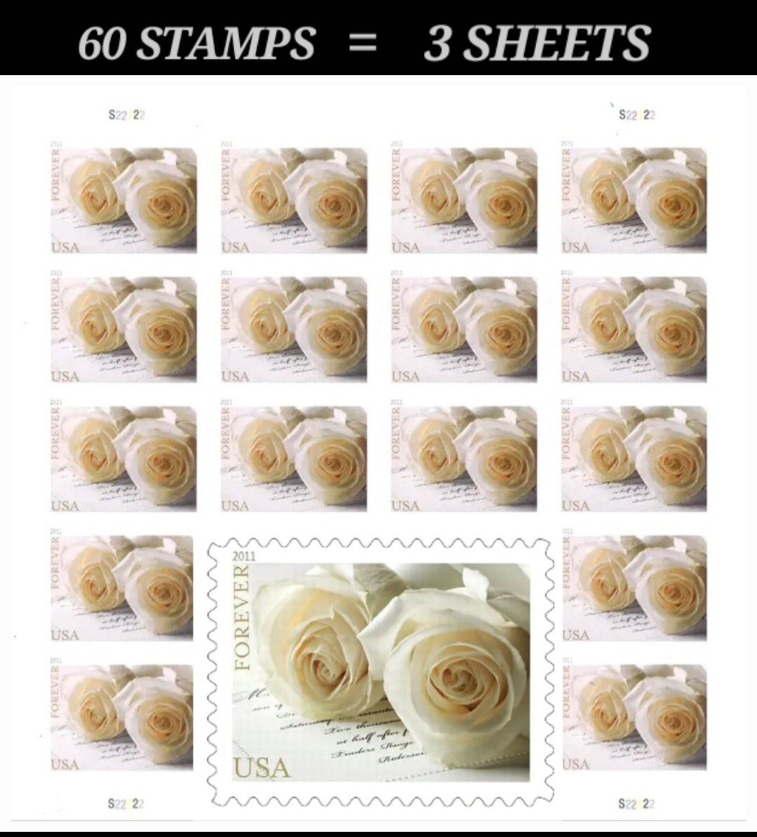 60 FOREVER STAMPS White Rose 3 SHEETS Of 20 Wedding Anniversary MNH