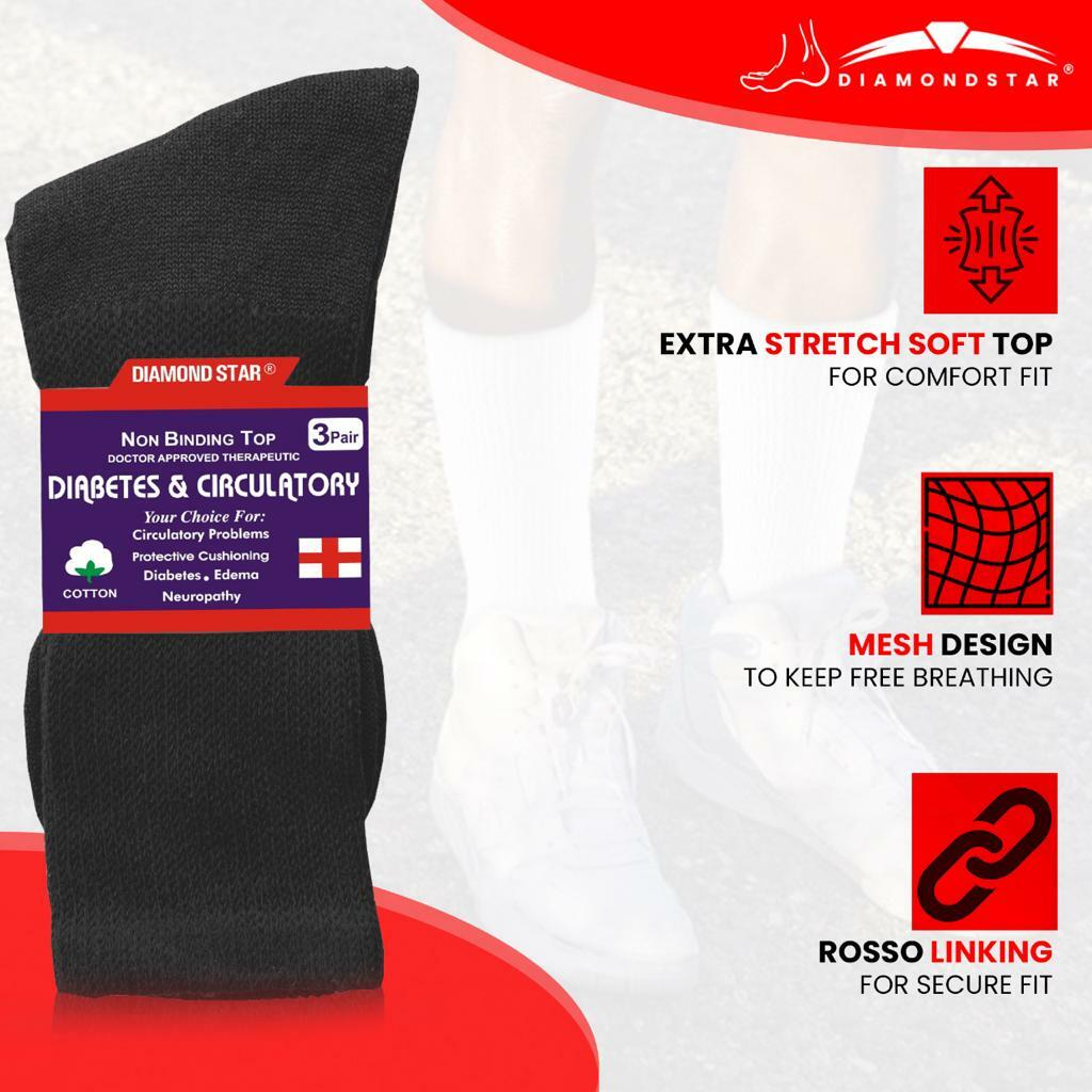 12 Pairs Black New Diabetic Crew Socks Circulatory Health Cotton Loose Fit Top