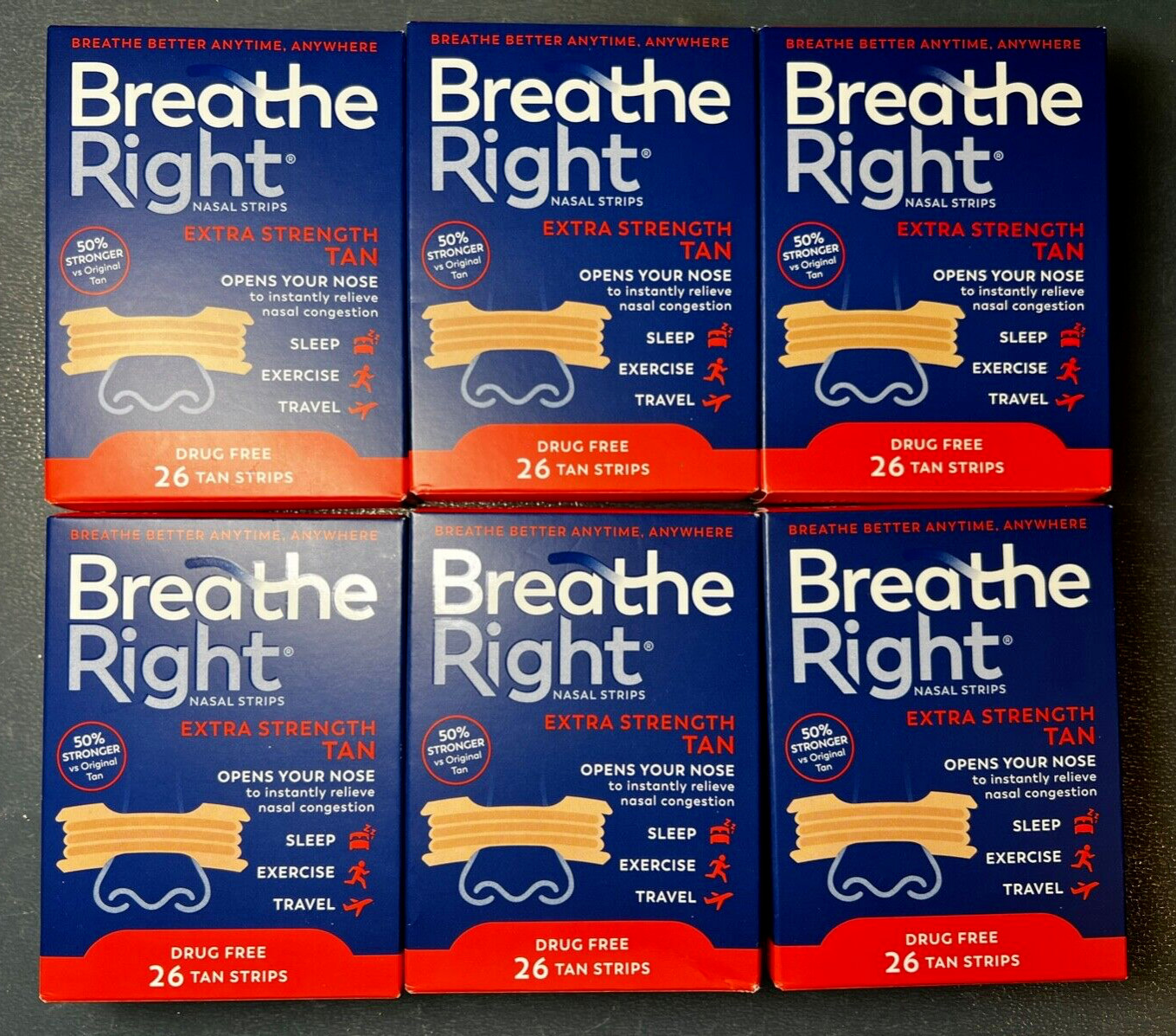 156 BREATHE RIGHT NASAL STRIPS, EXTRA STRENGTH TAN ( 6 x 26 CT BOXES ) EXP 2028