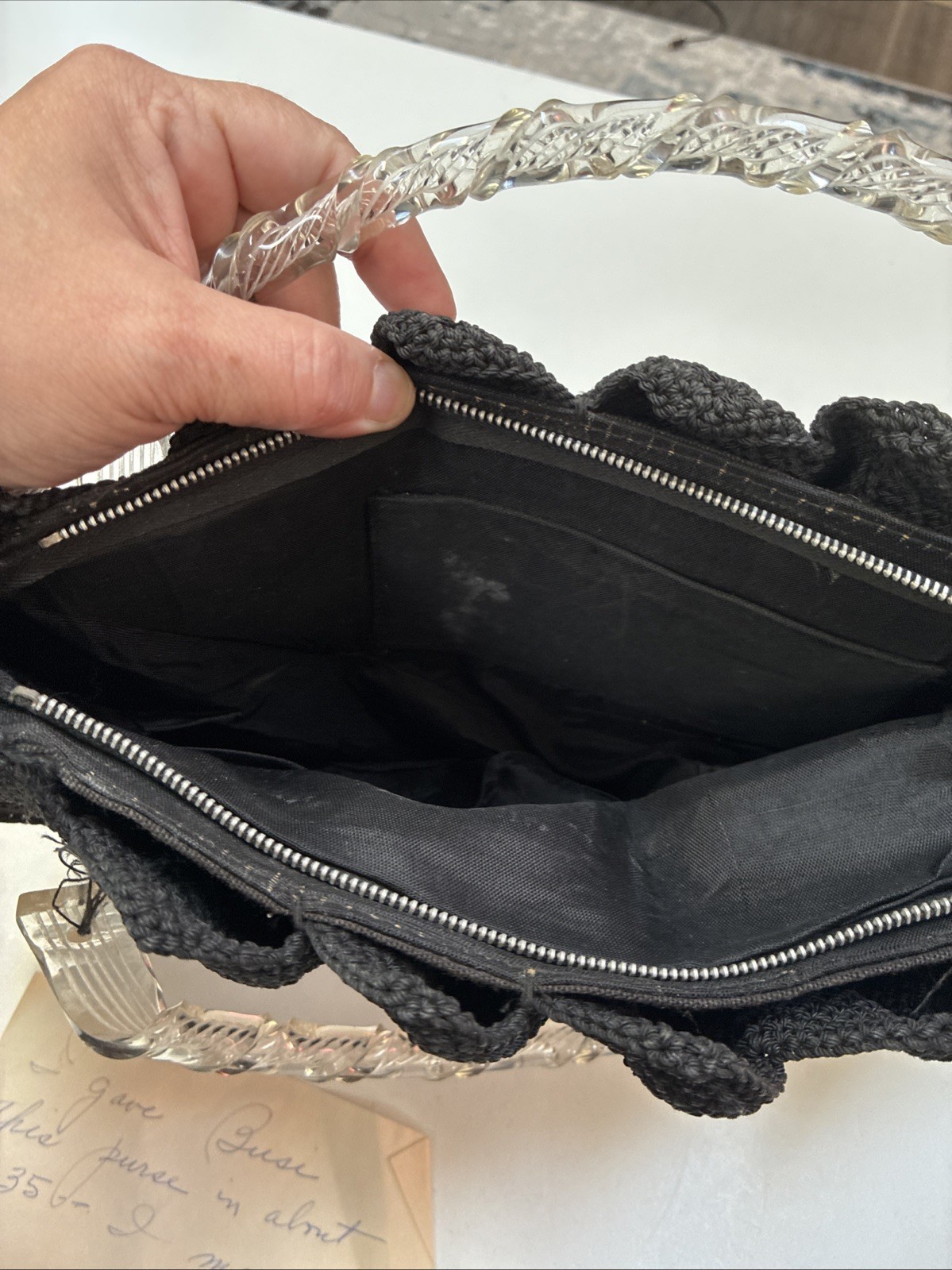 1930s Art Deco Crochet Handbag Clear Lucite Style Handle Provenance Depression