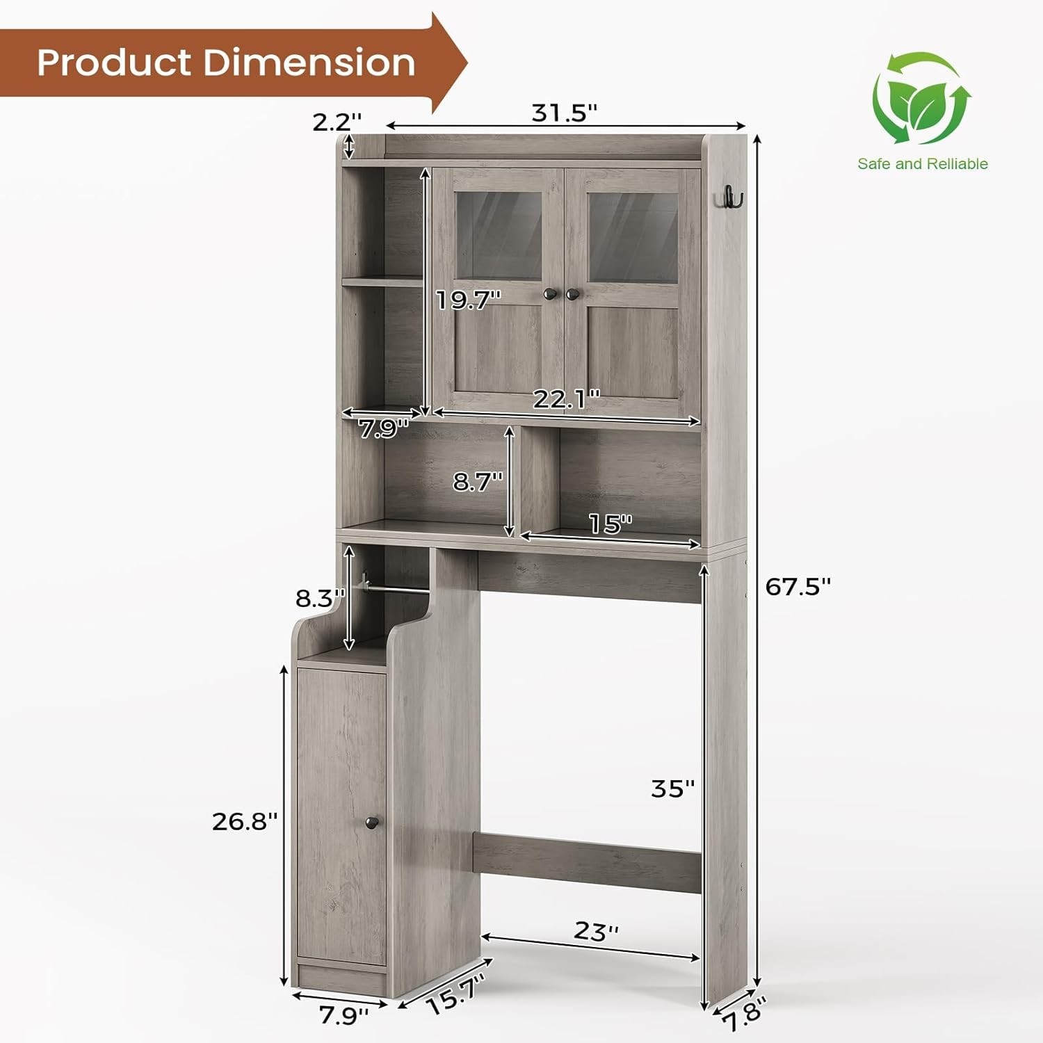 Over The Toilet Storage Cabinet, Farmhouse Bathroom Organizer with Glass Doors