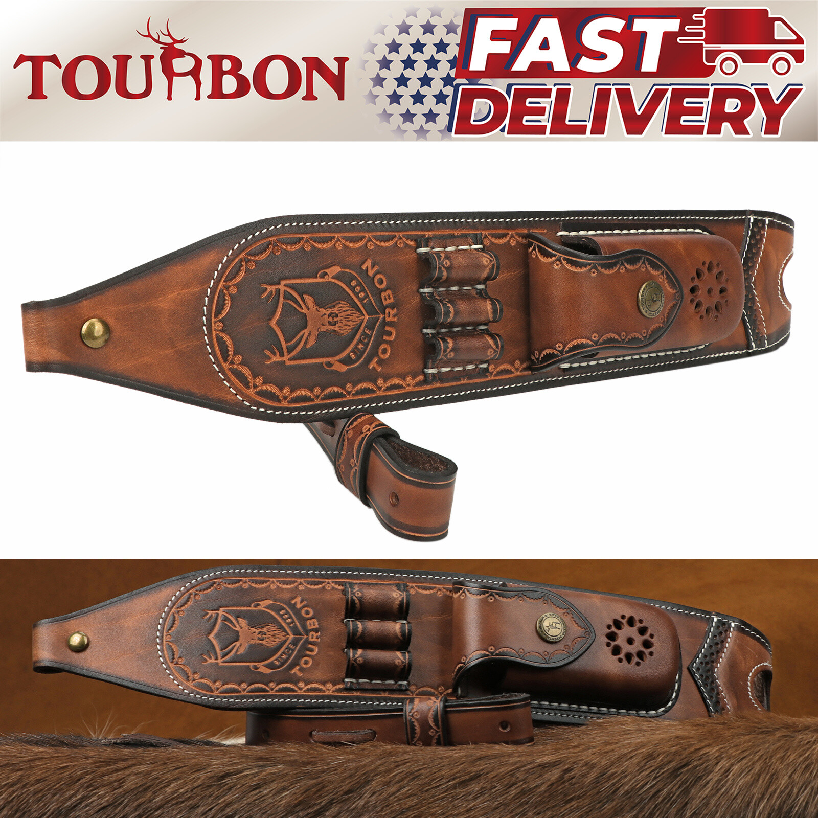 Tourbon Retro Leather Rifle Sling Gun Ammo Carrying Strap w/Knife Sheath Pocket