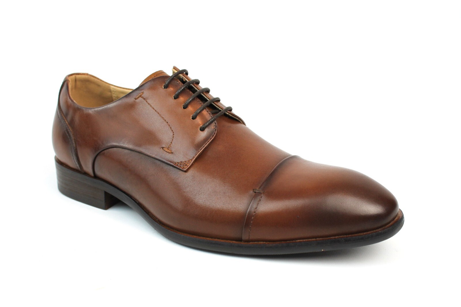 Mens Exclusive Genuine Leather Cognac Brown Lace Up Cap Toe Oxfords Dress Shoes