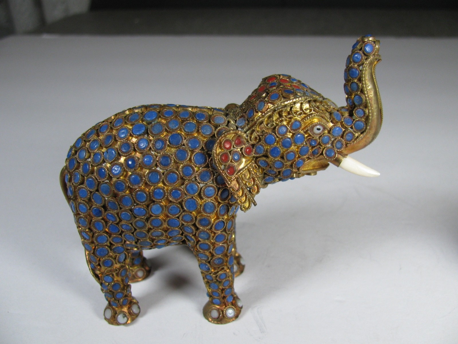 Lot 2 Vintag Tibet or Nepal Elephant Brass Lapis Coral Inlaid Filigree Figurine