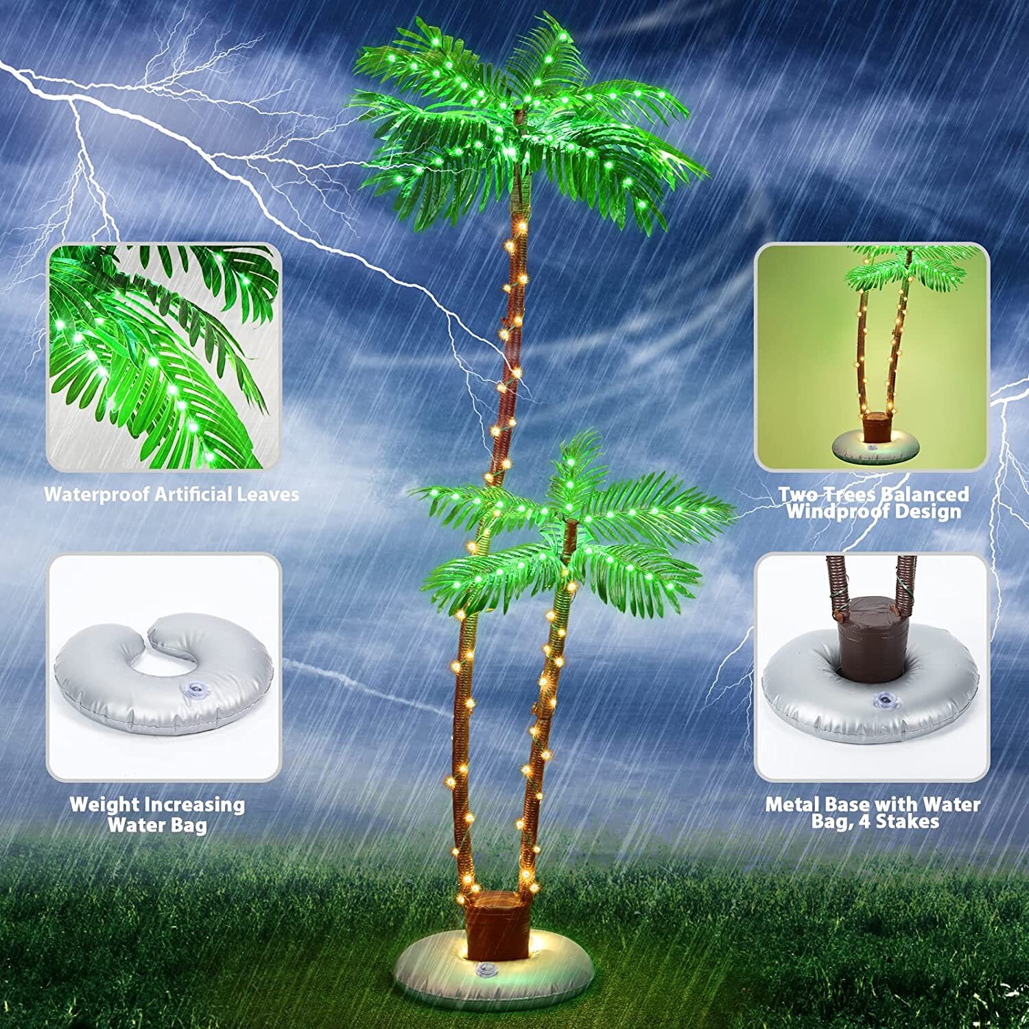 6ft Solar Lighted Palm Tree Artificial Fake Tree Lights Tiki Bar Pool Deck Decor