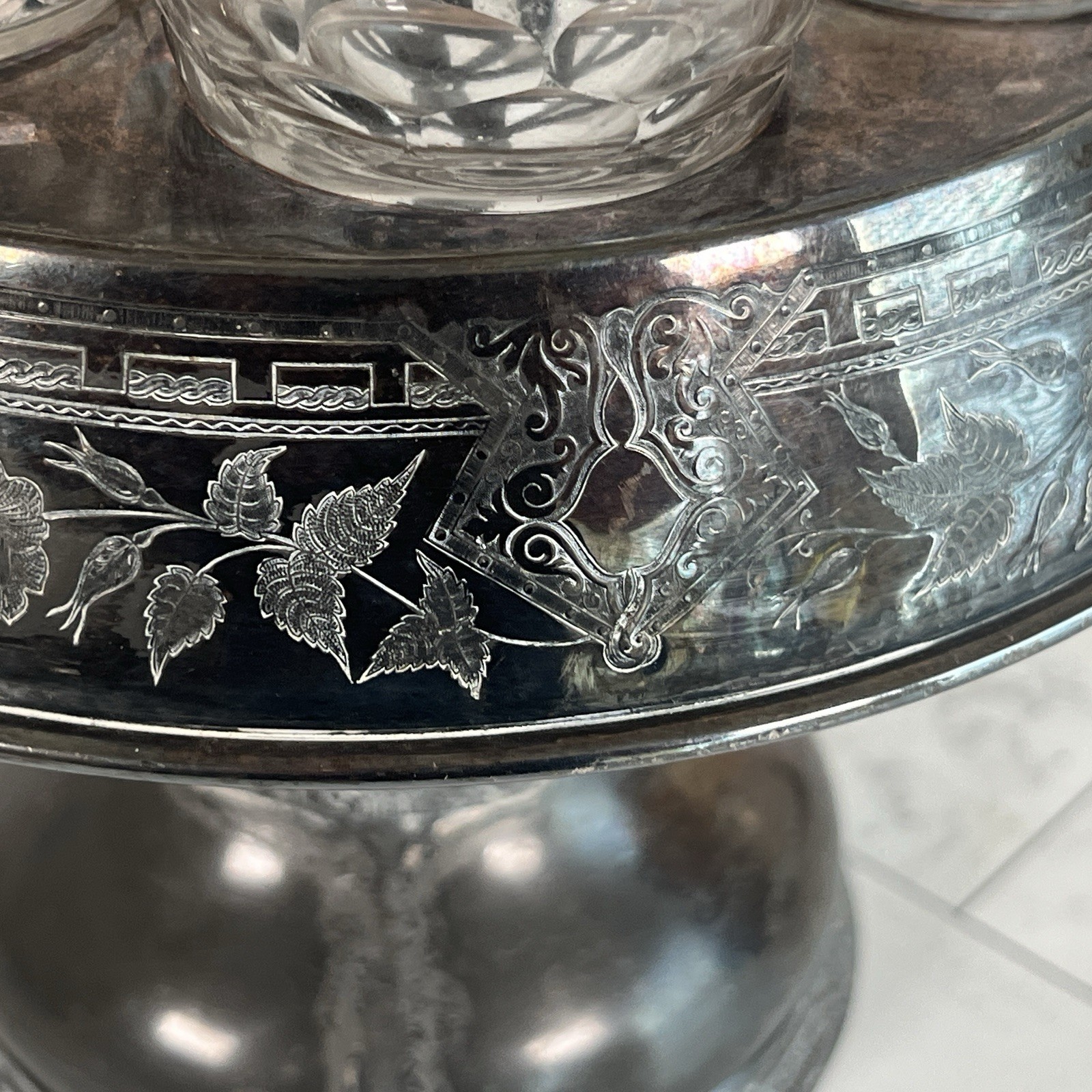 Antique 1800's Wilcox Silver Plate Cruet Condiment Set #0578 6 Etched Bottles