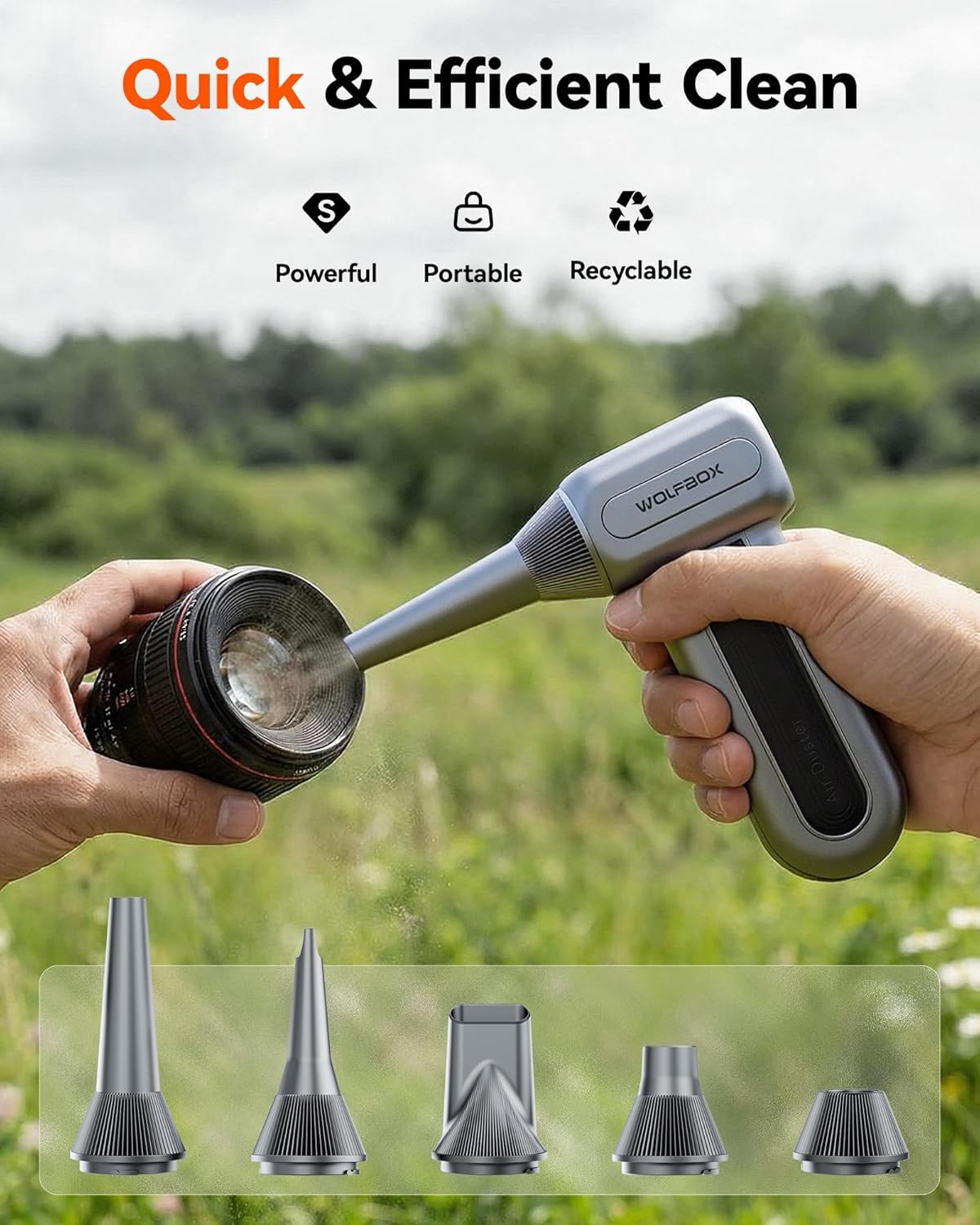 WOLFBOX MF70 Rechargeable Electric Air Duster 110000RPM 3-Speed with 5 Nozzles